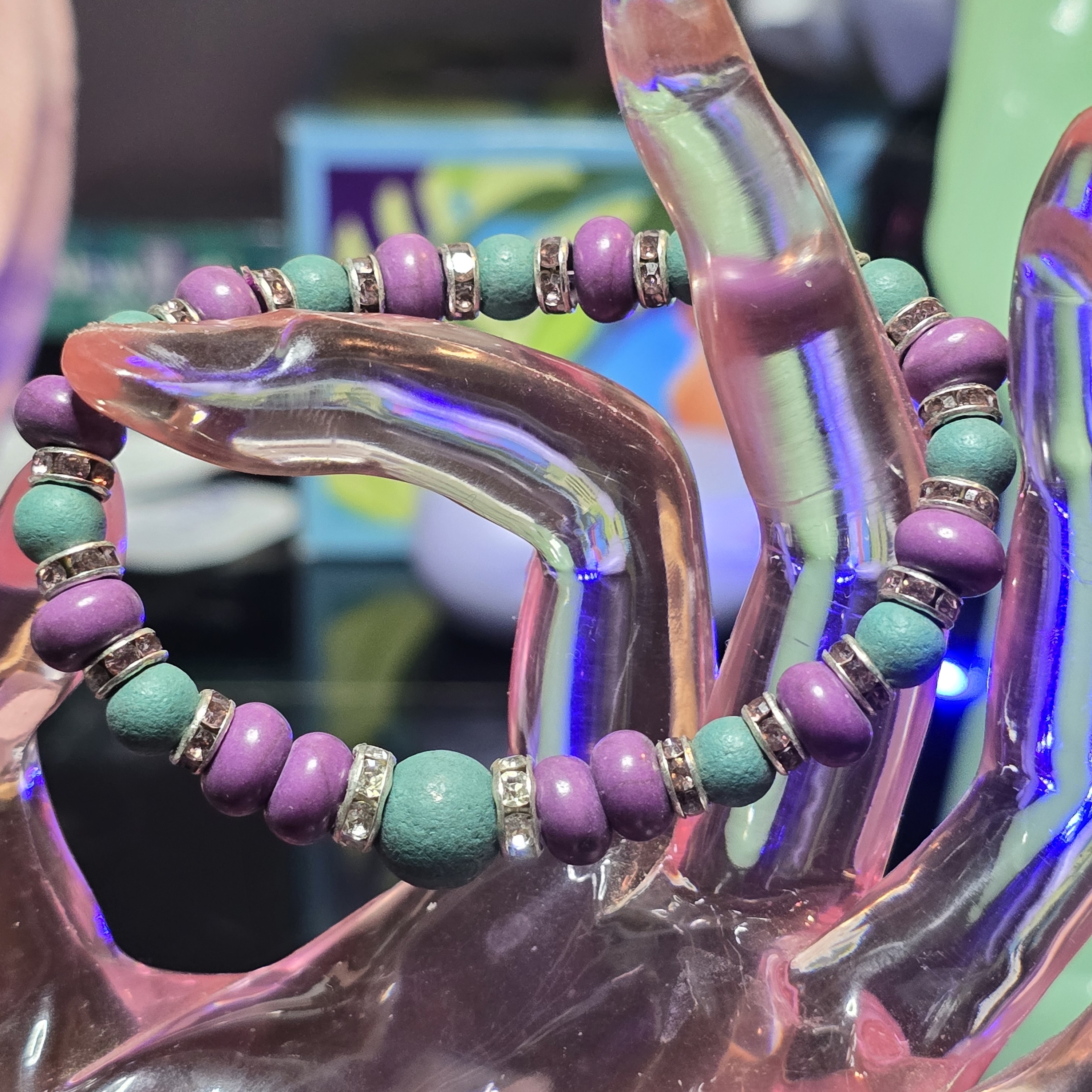 Purple & Teal Beaded Stretch Bracelet With Silver Accents